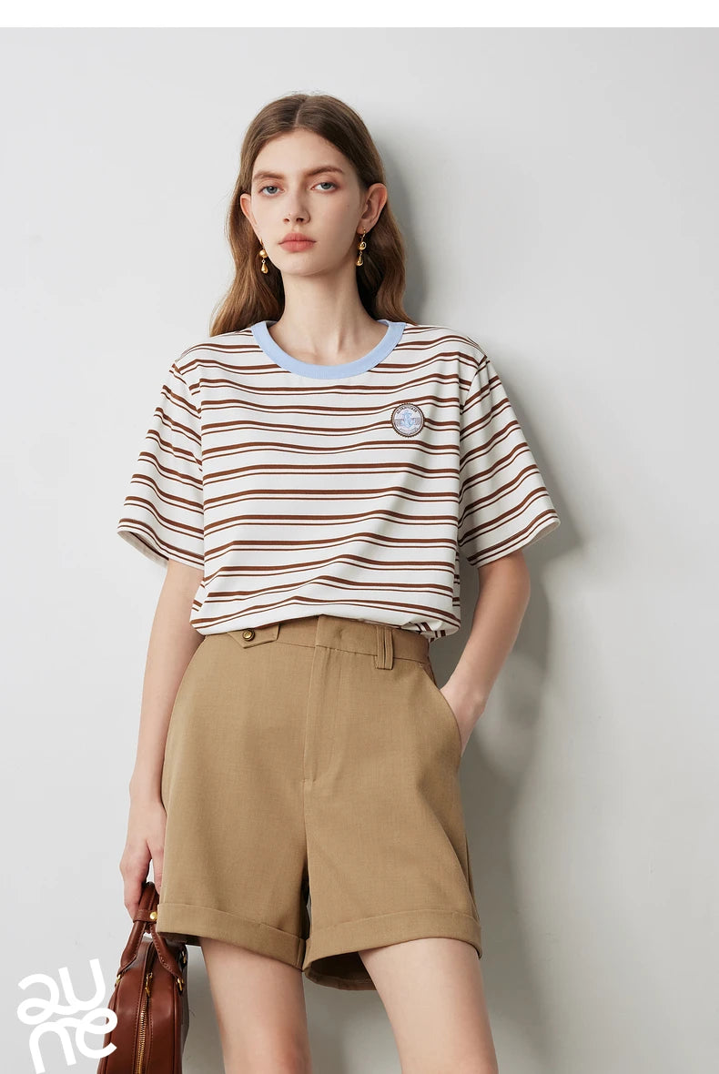 TOYOUTH Women Striped Short Sleeved T-shirt 2024 Summer New Academy Style Round Neck Top