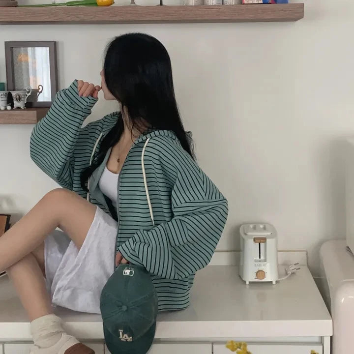 Spring 2025 Women's Chic Loose Casual Lazy Sle Striped Hooded Jaet with ket Open Cardigan Sweatirt Comfortable Fit