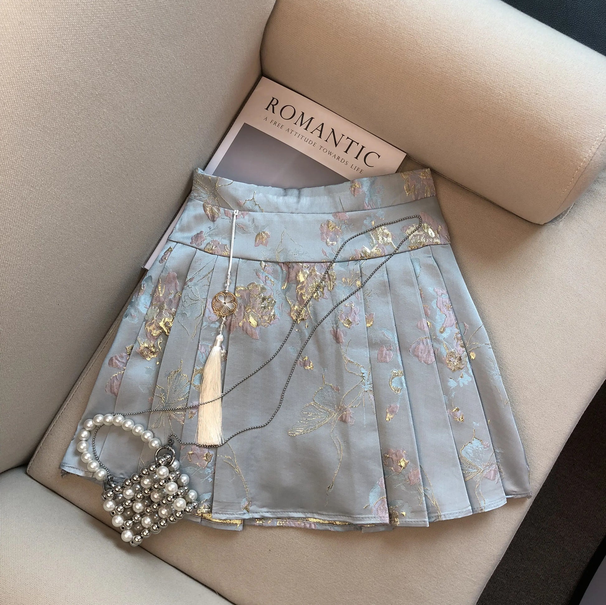 Summer New Chinese Style Satin Jacquard Horse-Face Pleated Mini Skirts Sweet Cute Girl High Waist Short Skirt for Women