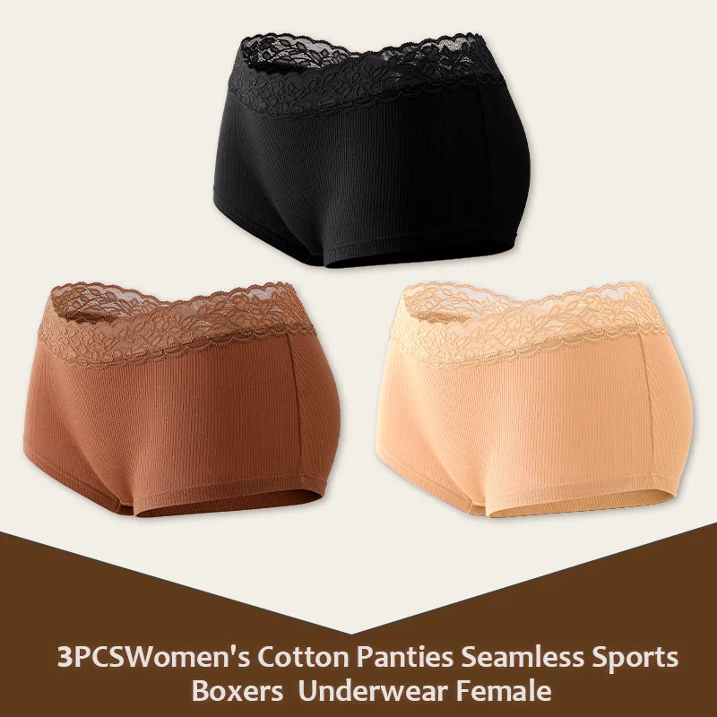3Pcs Women's Cotton Lace Panties Boxers Seamless Boxer Underwear Female Solid Color Briefs Cozy Lingerie Intimate Underpant S-XL
