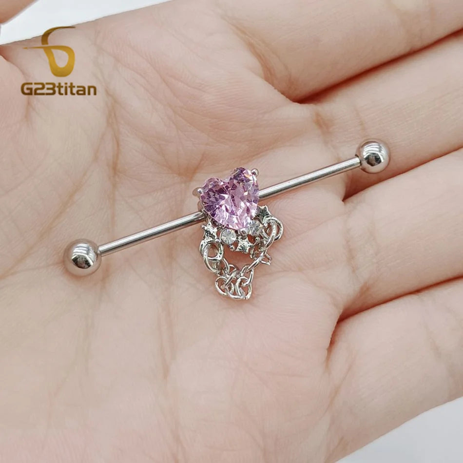 14G Titanium Industrial Barbell Dangling Chain Pink CZ Zircon Heart Star Ear Cartilage Helix Earring Women Girl Piercing Jewelry