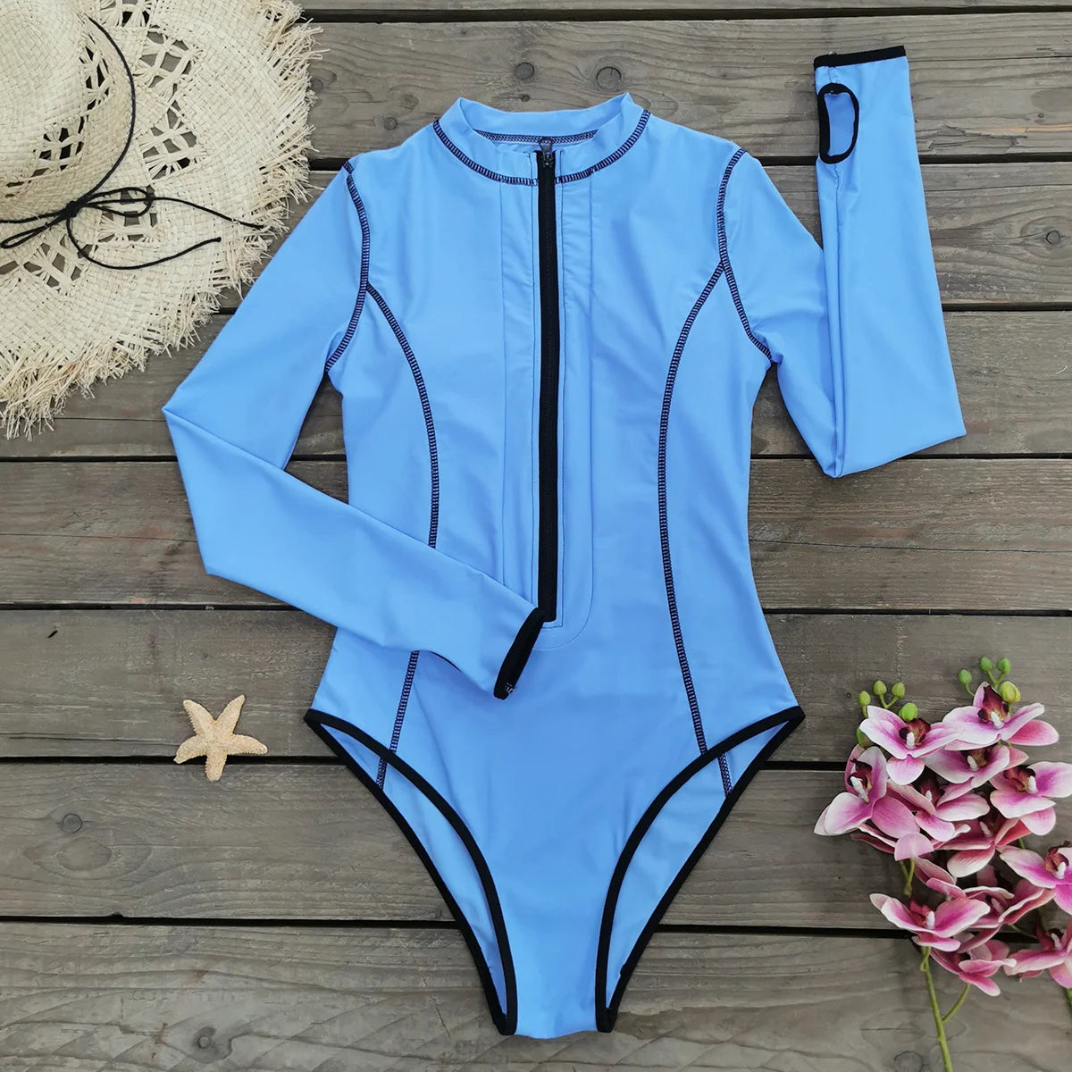 Surfing One Piece Swimsuit Cut Out Swimsuit Print Long Sleeve Swimwear Women Zipper Bathing Suit Summer Beachwear Monokini