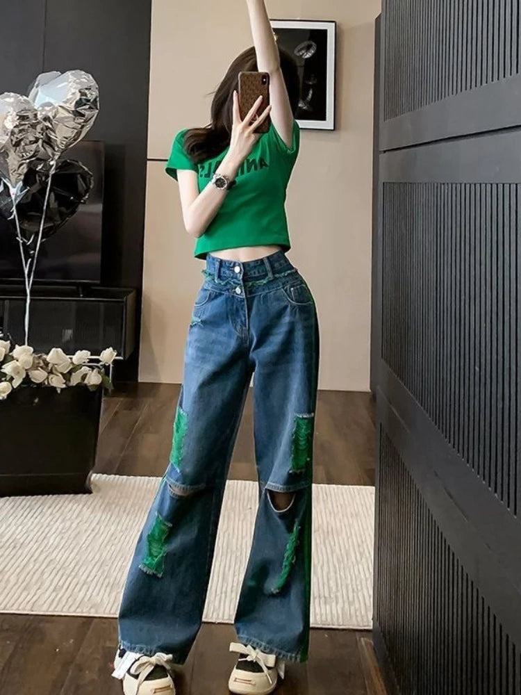 Wide Leg Denim Pants for Women Straight High Waist Shot Trousers Loosefit Fitted 2025 Quality Korean Fashion Woman Ripped Jeans