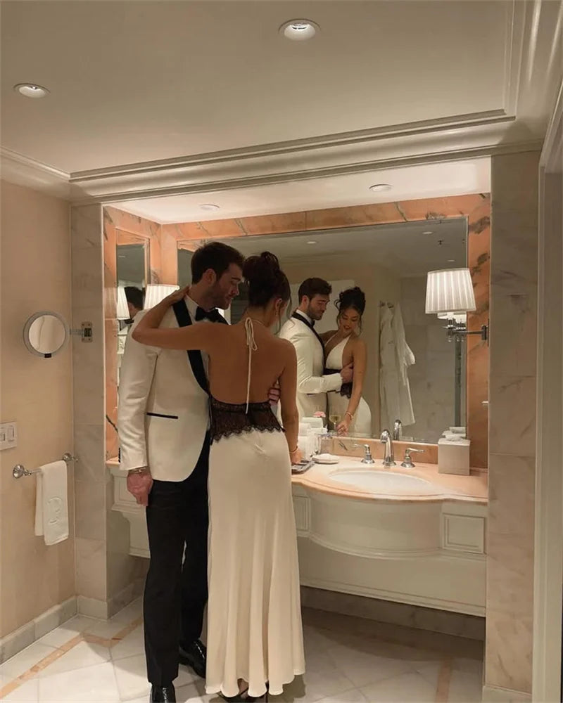 Mozision Summer Backless Sexy Maxi Dress Women Gown Patchwork Lace Halter Deep V Neck Sleeveless High Waist Elegant Long Dress