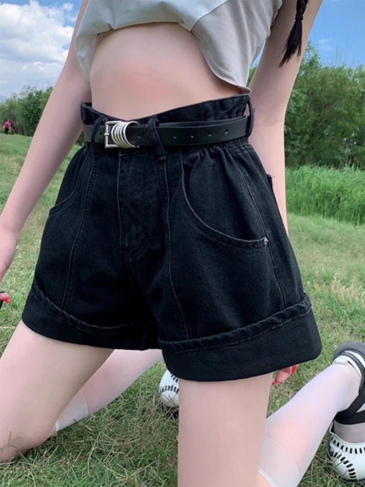 Women's Wine Red Denim Shorts High Waist Wide Shorts Harajuku Streetwear Korean Style Y2k Casual Blue A Line Jean Shorts Summer