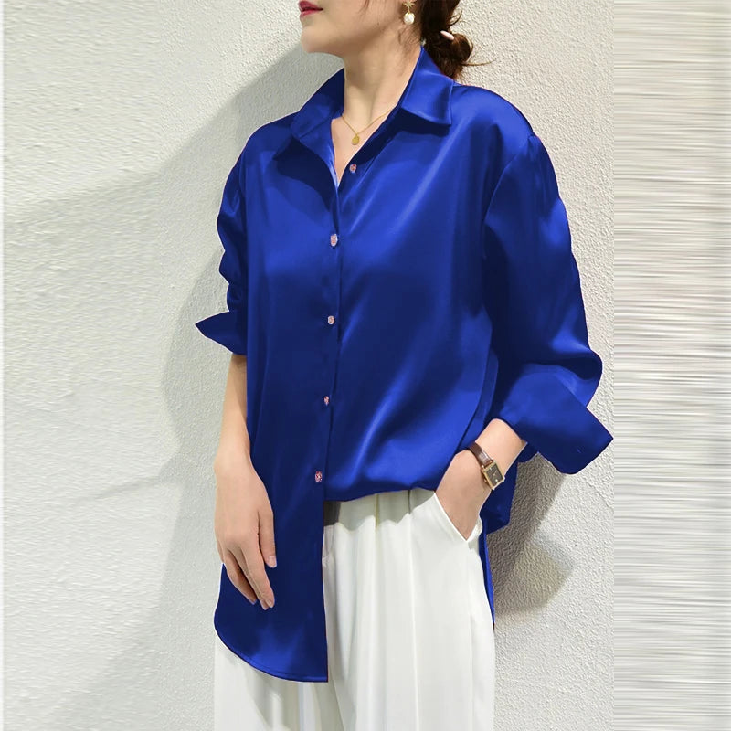 All-match Satin Finish Shirts And Blouses Women Clothing Casual Top OL Long Sleeve Button Elegant Shirts French Solid Blouses
