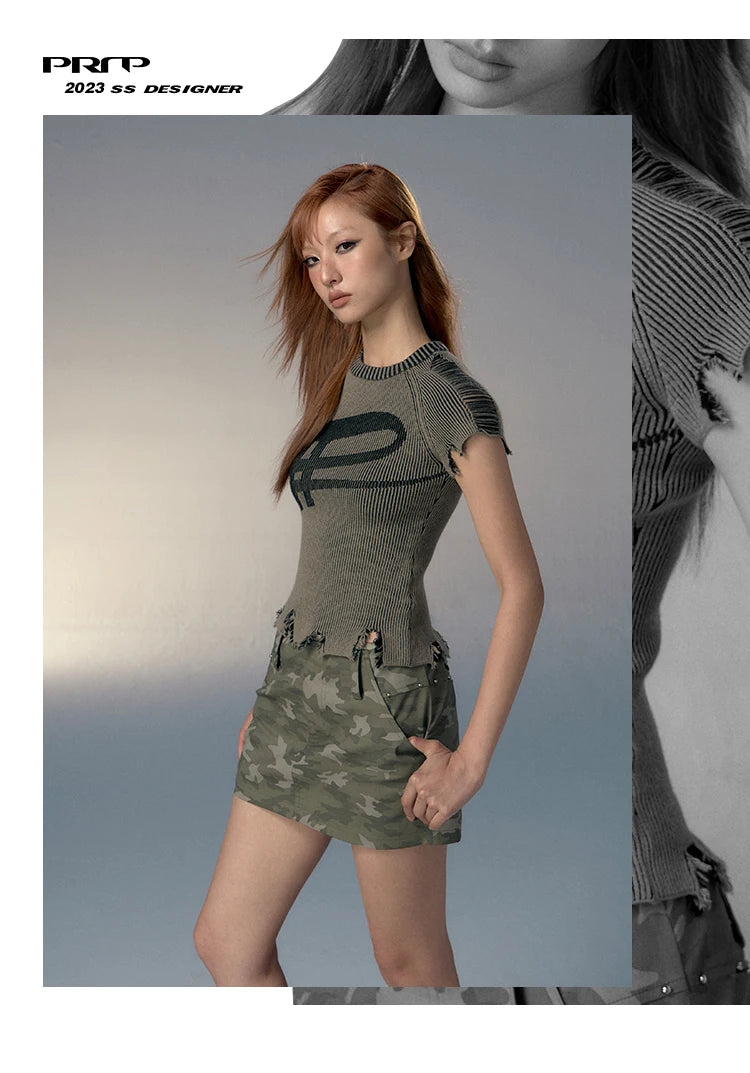 Karrcat Grunge Aesthetics Knitted Top Vintage Distressed T-shirt Punk Broken Crop Top Harajuku Slim Ribbed Tshirt Y2k Streetwear