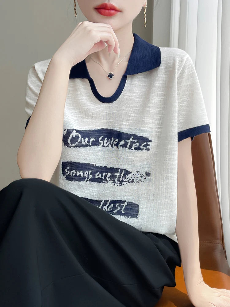 2025 New Large Size Summer Short Sleeve Scissor Collar T-Shirt Women High Grade T-Shirt Fashion Comfortable Leisure T-Shirt Tops