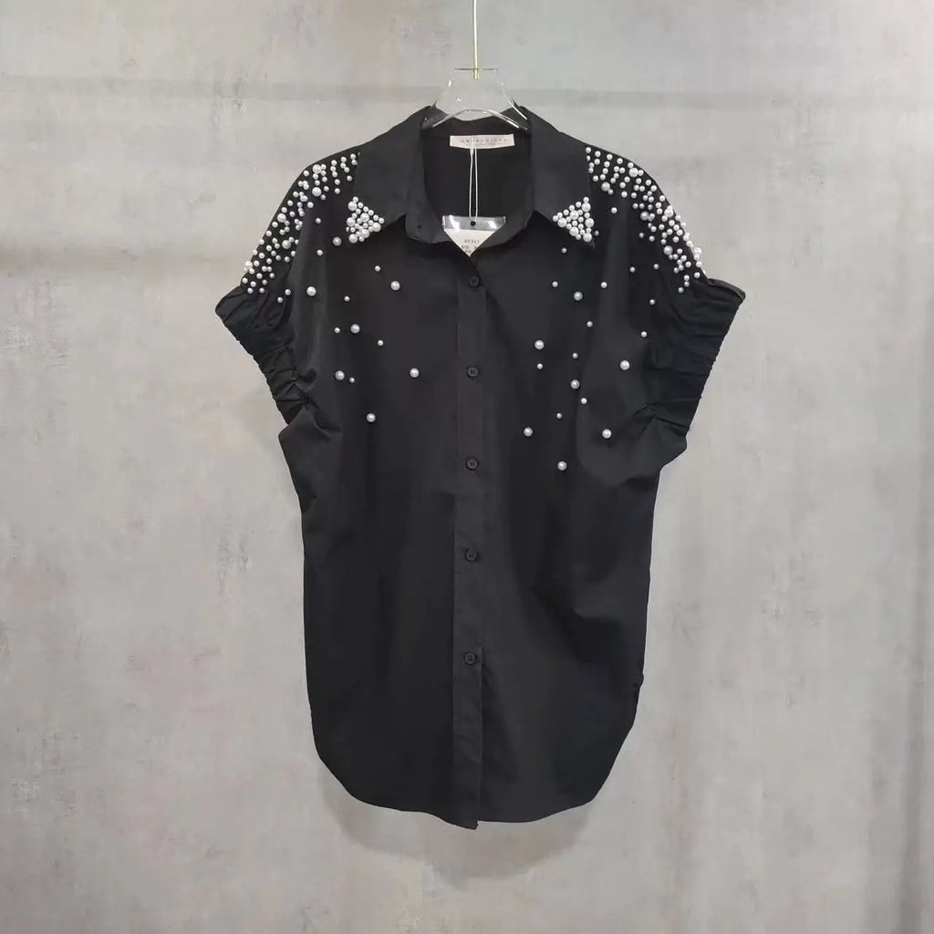 Pearls Beads Stitch Cotton Short Sleeve Blouses Shirts Women 2025 Spring Summer New Fashion Trend Loose Casual Tops Blusas