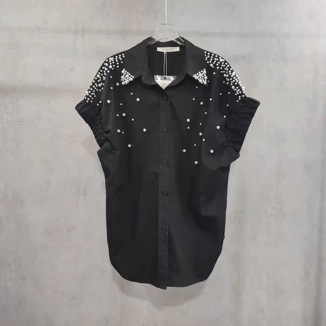 Pearls Beads Stitch Cotton Short Sleeve Blouses Shirts Women 2025 Spring Summer New Fashion Trend Loose Casual Tops Blusas
