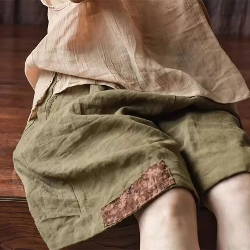 Women Retro Ethnic Style Patch Oversize Cotton Linen Short Pants Summer Female Casual High Waist Beach Shorts Pantalones Cortos