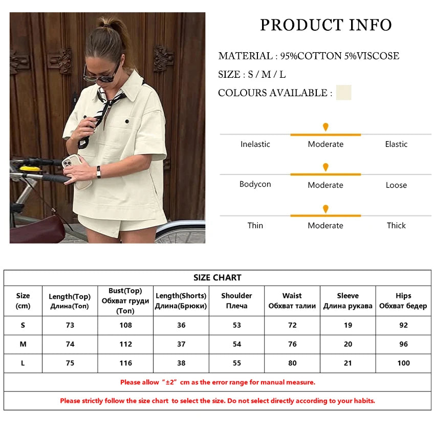 Clacive Fashion Loose Beige Cotton Women's Two Pieces Set Summer Short Sleeve Shirt With High Waist Shorts Set Female Clothing
