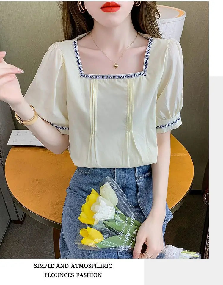 Women Clothing Summer Korean Fashion Embroidered Solid Color Square Collar Puff Sleeve Femme All-match Pleated Short Sleeve Tops