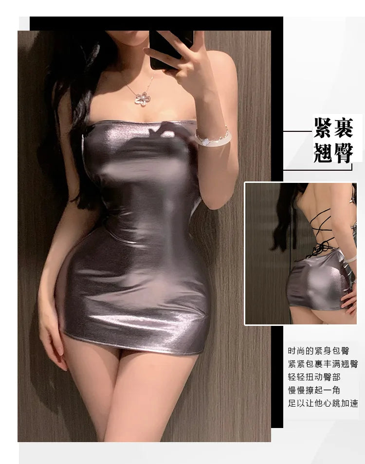 Women's Summer Dress Large Size Sexy And Spicy Girl Strapless Tight Fitting Slimming Wrap Buttocks Mini Dress Silvery 1HM7