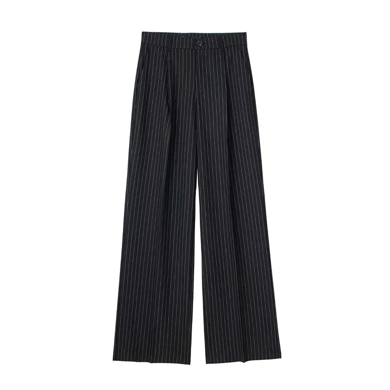 TRAF Women's Formal Pants Office Wear Women Striped Grey Black Pants Woman High Waist Baggy Suit Pants Casual Wide Leg Trousers