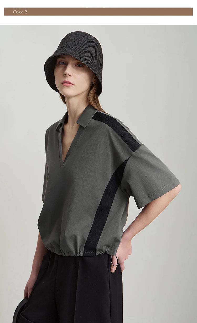 Amii Minimalist Cotton T-Shirts For Women 2025 Summer New V-Neck Pullover Loose Short Shoulder Sleeve Chic Commute Tops 12552001