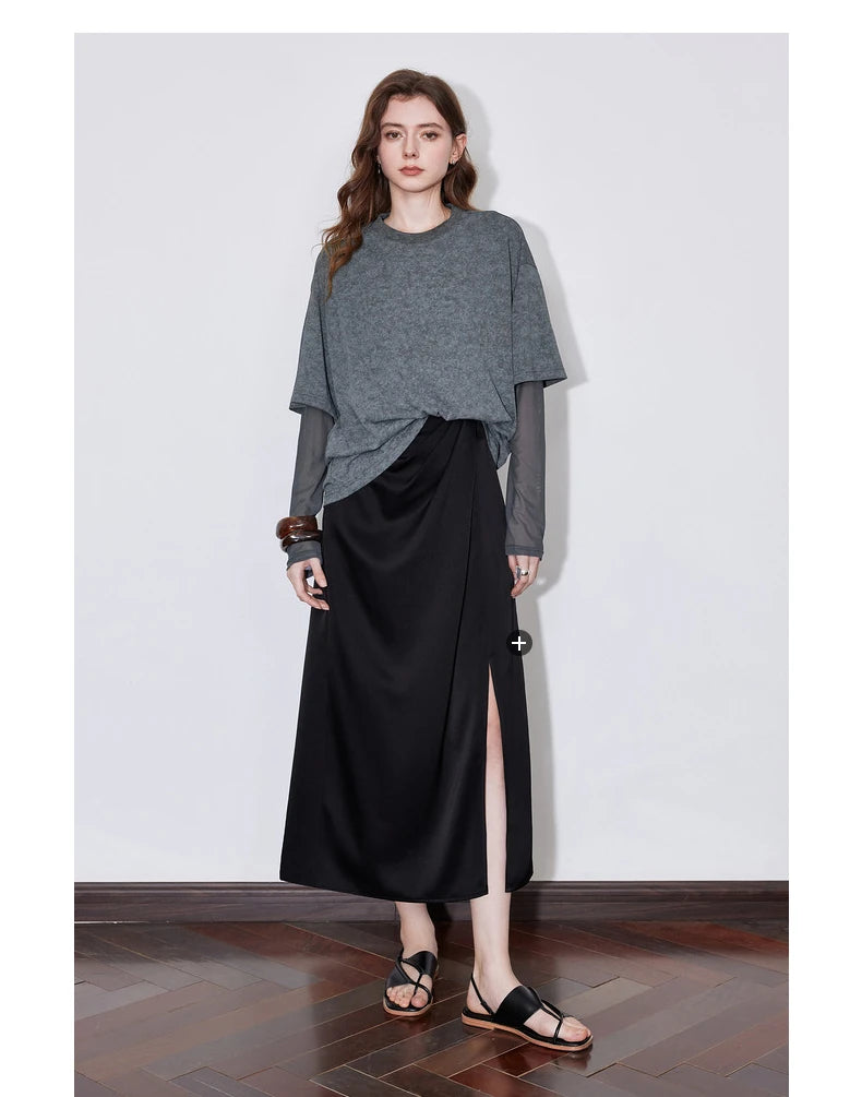 TOYOUTH Women T shirt 2025 Spring New Fake Two Piece Printed Round Neck Fashionable Pullover T shirt