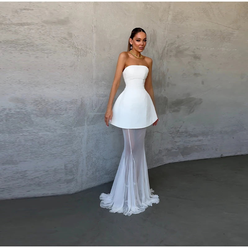 Elegant Lace Long Skirt Set Women Strapless Tube Top Short Dress Floor-Length Mermaid Skirts 2025 Summer Lady Party 2 Pieces Set