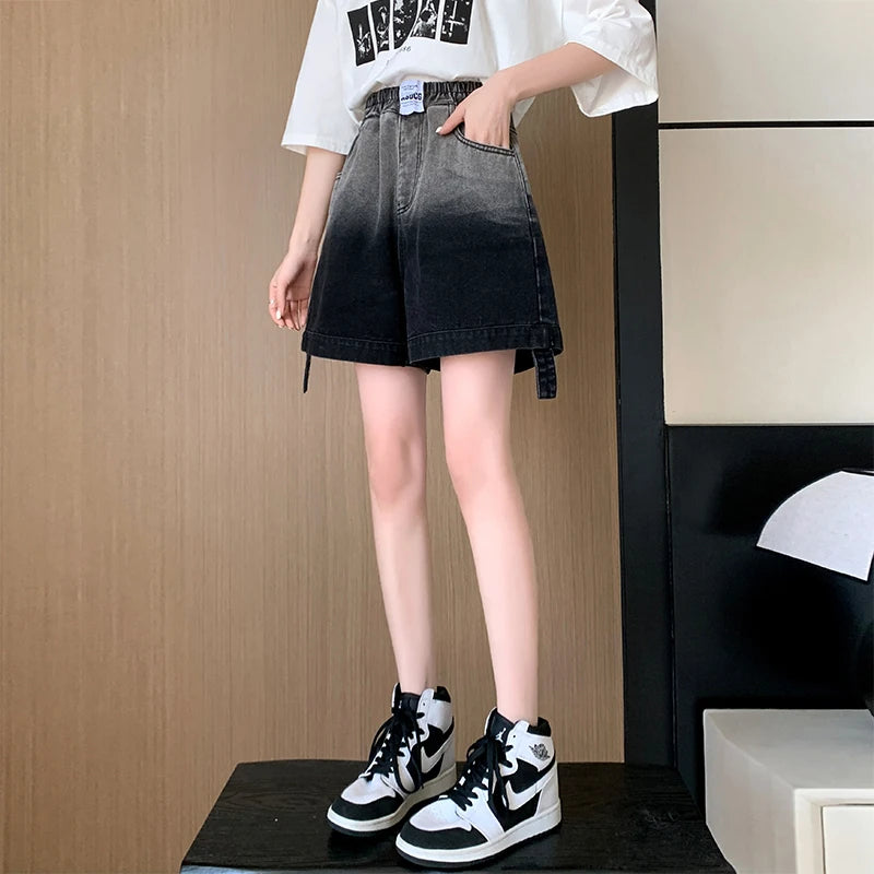 Gradient Plus Size Denim Shorts For Women Summer 2024 New High Elastic Waist Pockets Wide Leg Loose Jean Short Femme Hot Sale
