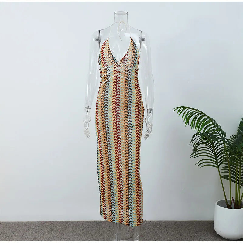 Sexy Printed Colorful Deep V-neck Crochet Maxi Dress Women Chic Sleeveless Backless Sling Slim Vestido 2025 Lady Vacation Robes