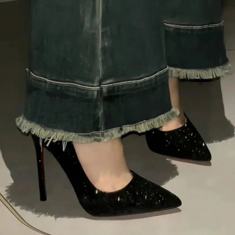 Black Pointed Toe High Heels Full of Diamonds Shiny Sequins Mid Heel Women's Shoes Spring Autumn Season Casual PU Leather