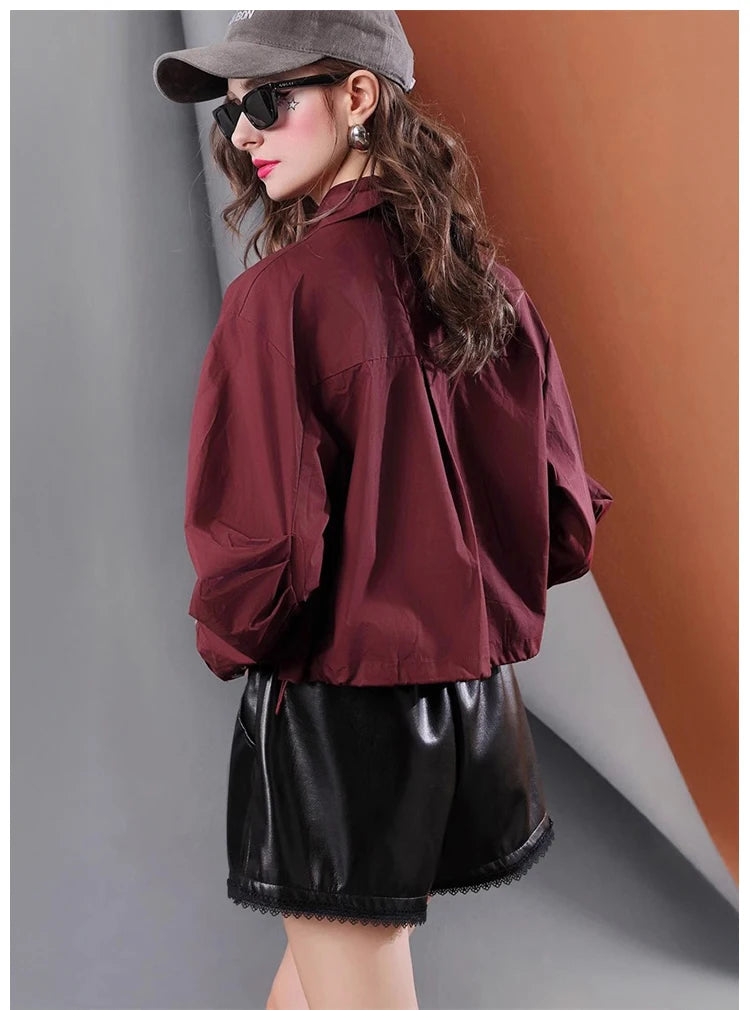 Spring new niche design solid color bow pleated short casual women's shirt for  women