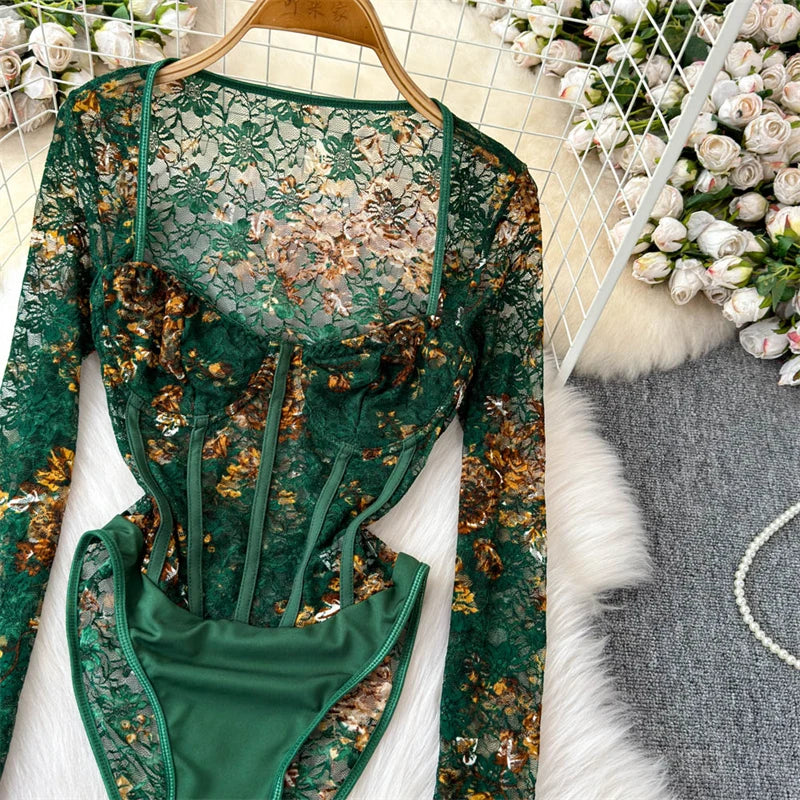 Women's Green Lace Jumpsuits Vintage Skinny Playsuits Harajuku Long Sleeve Square Collar Exotic Sexy Rompers Coquette Clothes