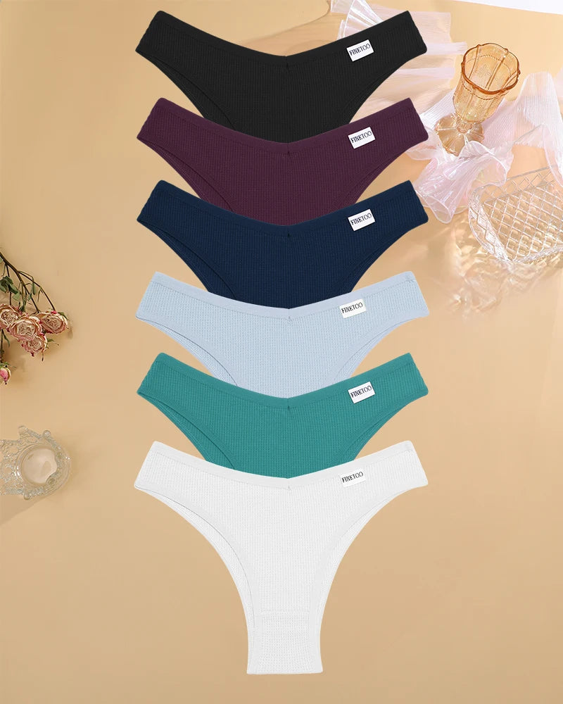 6PCS/SET Women's Waffle Cotton V-Waist Panties Multi-Color High Elasticity Brazilian Bikini Lingerie Set Sexy Female Underwear