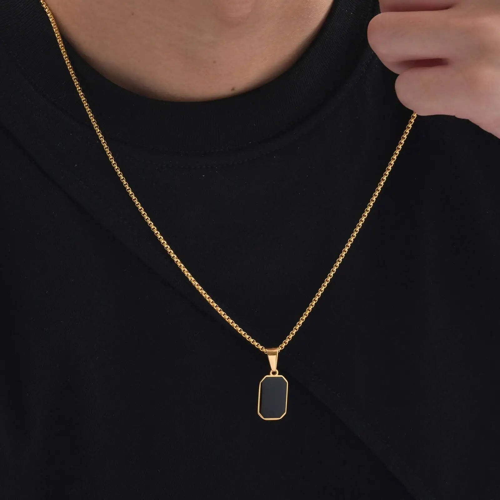Casual Black Enamel Necklaces for Men,Waterproof Stainless Steel Square Pendant Necklace,Simple Fashion Male Collar Jewelry Gift