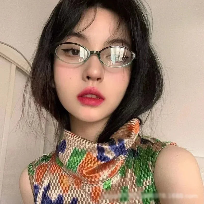 Retro Oval Glasses Women Girls Y2K Red Green Frame Glass Eyewear Decorative Computer Anti-blue Eyeglasses with Seaside Driving