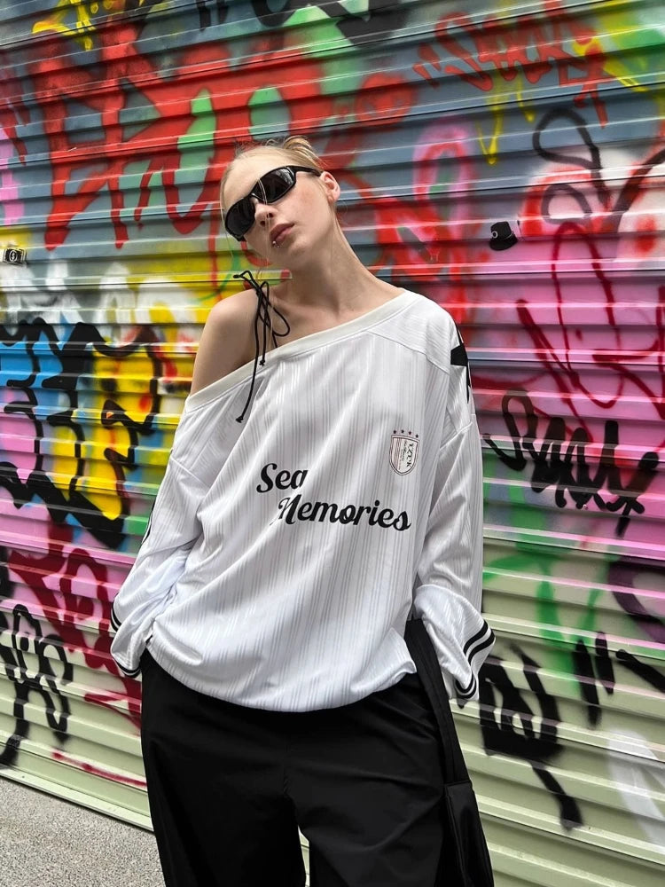 HOUZHOU Y2k Vintage Women Sweatshirts Sloping Shoulder Letter Printed Long Sleeve American Retro Hoodies Loose Gyaru Streetwear