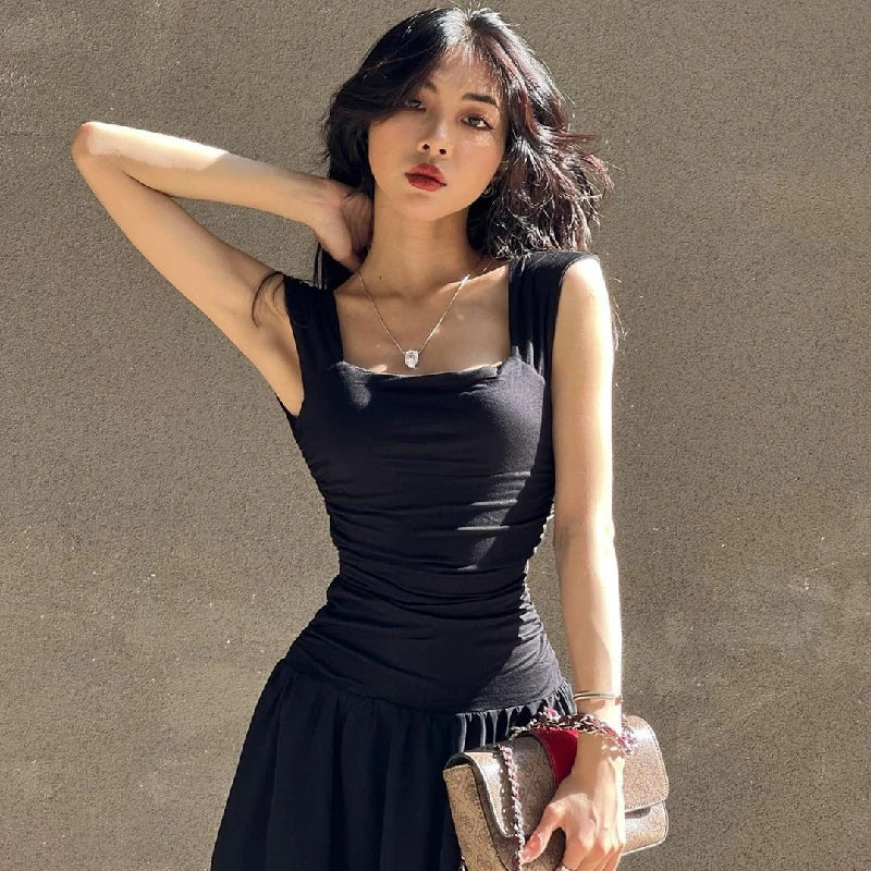 WhereMery Elegant Slip Long Dresses Sexy Women Ruched Bodycon Solid Maxi Dress Spring Y2K Summer Temperament High-waist Vestidos