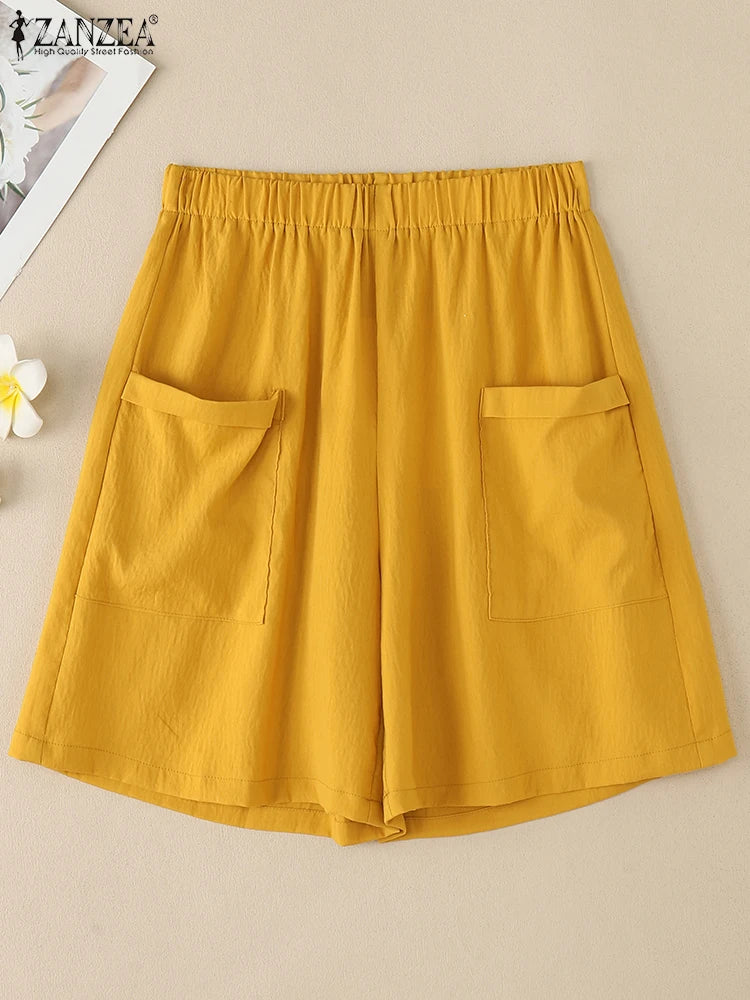 ZANZEA Vintage Summer Shorts Women Fashion High Elastic Waist Pantalons Pockets Solid Color Wide Leg Pants Casual Loose Shorts
