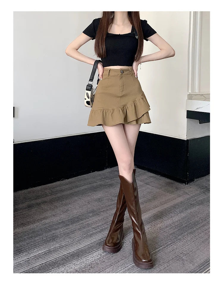 High Waist A-Line  Skirt Women's Spring Summer Denim f-length Skirts with Lace Hemline Cotton Polyester Blend