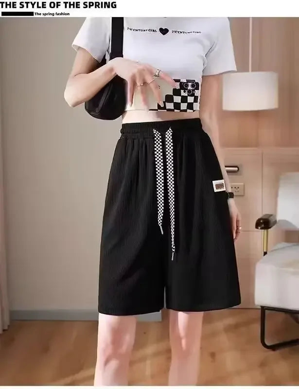 2024 Summer New Men's Women's Hong Kong Style Simple Basic Straight-Leg Casual Ice Silk Draped Shorts