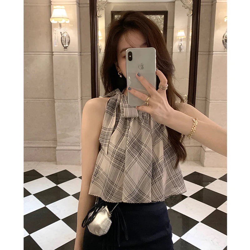 Korean Sle Pure Desire oulder Bared Chiffon Top Women's Summer Ne Hanging Belted Svel round Ne Dr
