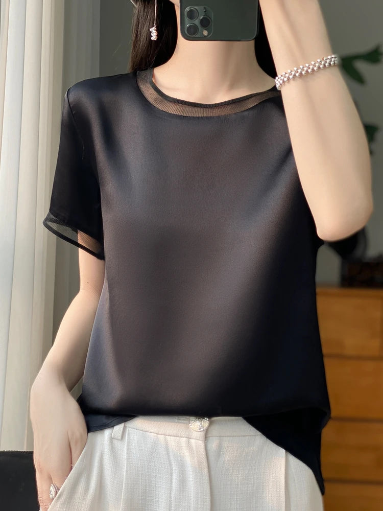 Oversize New Arrival T-Shirt Silky Satin Surface Women's Tees Short ONeck Tank Top Casual Slim Solid Lady Clothes Fashion Trends
