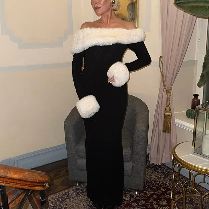 Tossy Fluffy Winter Slim Maxi Dress Female High Waist Long Sleeve Sexy Off-Shoulder Patchwork Bodycon Dress Ladies Party Dress