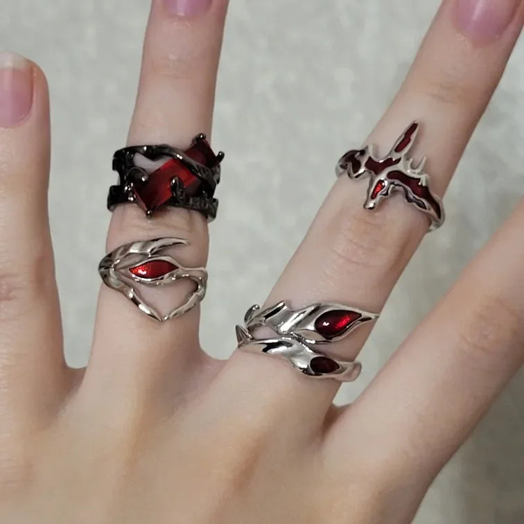 Goth Punk Retro Red Crystal Love Heart Cross Geometry Irregular Open Ring Set Y2K Halloween Accessories For Women Kpop Jewelry