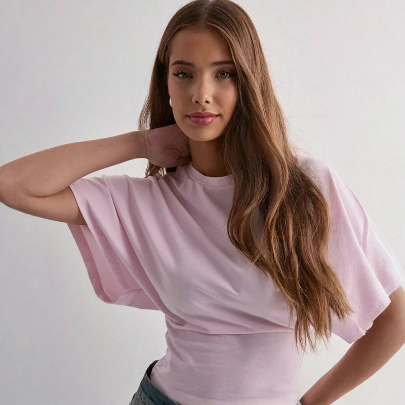 CUTENOVA Women'S Summer Loose Short-Sleeved T-Shirt Tops Waist Slimming Sweet And Hottie Design Sense Positive Shoulder Top