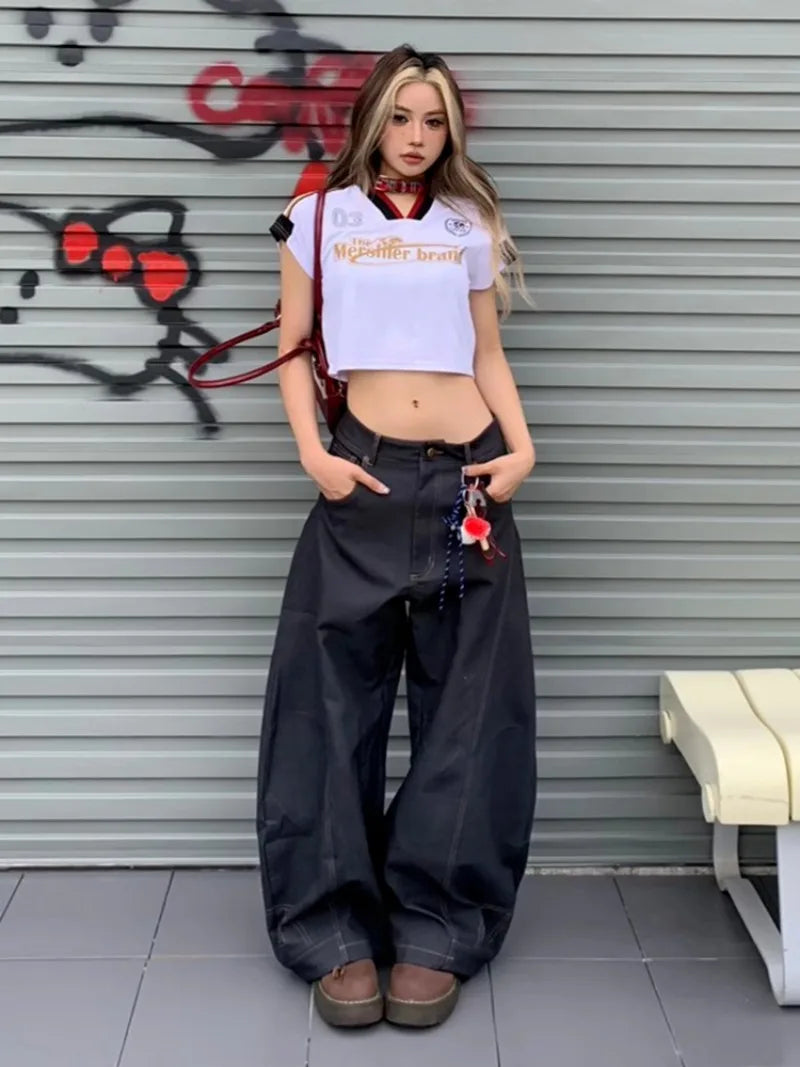American New Fashion Letter Embroidery Stitching Old Baggy Jeans Women Y2K Harajuku  Popular High Waist Wide Leg Trousers