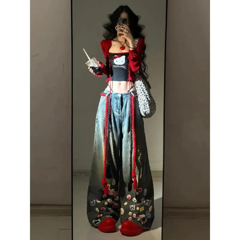 Trendy High Waisted Wide Leg Jeans Women's Fall Winter Cartoon Graffiti Loose Fit Trousers with Draping Effect baggy jeans women