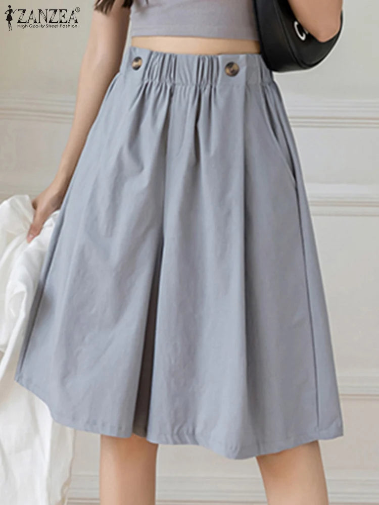 ZANZEA Women Shorts Fashion High Waist Wide Leg Pants 2025 Summer Elastic Waist Pantalons Casual Solid Pockets Vintage Shorts