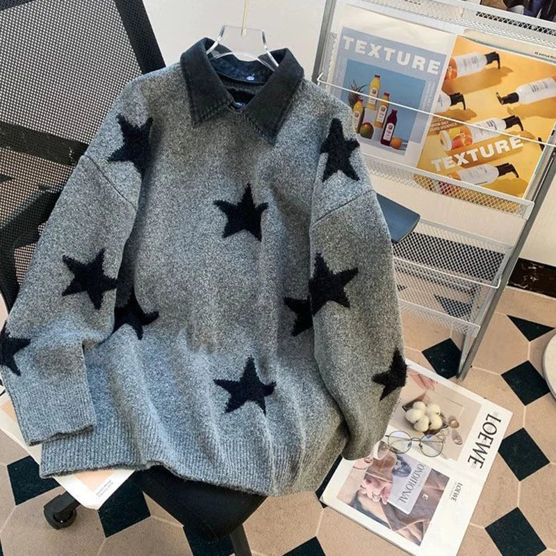 Zoki Star Print Y2K Sweaters Women American Red Patchwork Knitted Jumpers Tops Loose Female Design Turn Down Collar Pullovers