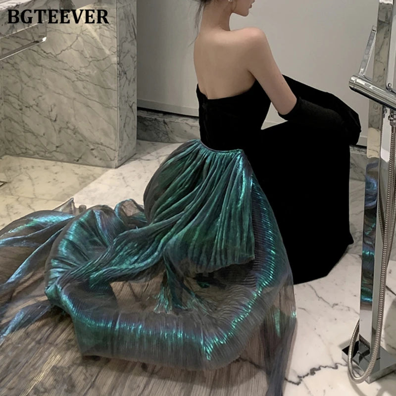 BGTEEVER Fashion Spring Ladies Sleeveless Party Velvet Dress Elegant Slim Waist Women Floor-Length Package Hip Strapless Dress