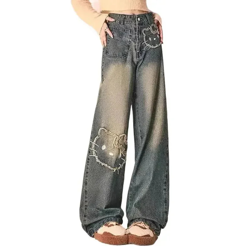 Sanrio Hello Kitty Retro Embroidered Jeans Cartoon Anime Female Loose Comfortable Wide Leg Pants Kawaii Gift
