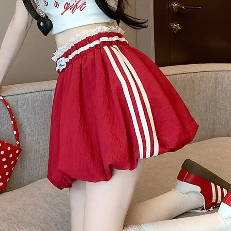 American Style Spliced Lace Stripe High Waist Half Skirt Women Summer Anti Exposure Flower Bud Puffy Short Skirt Polyester Fiber