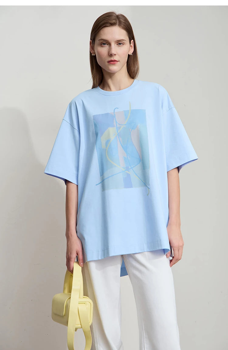 Amii Minimalist Summer T-shirt Women Irregular Design Tops Casual O-neck Abstract Print Loose Dropped Shoulder T-shirt 12522081