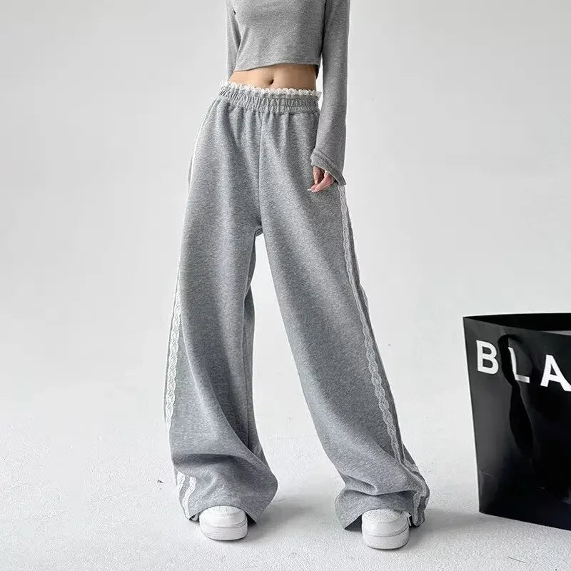 Trendy Casual Wide Leg Pants Women's Autumn Winter High Waist Splicing Lace Trim Drapey Slimming Sporty Trousers