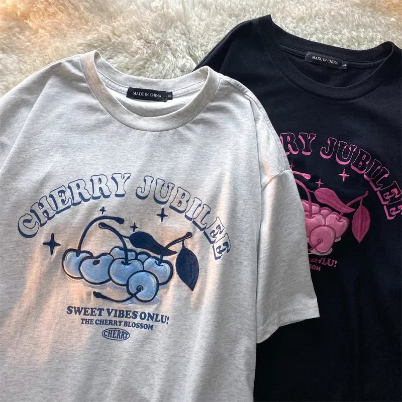 Women's Cartoon Cherry Print Loose Fit Short Sleeve T-Shirt Polyester Crew Neck Top Sweet Lazy Couple Shirt Trendy